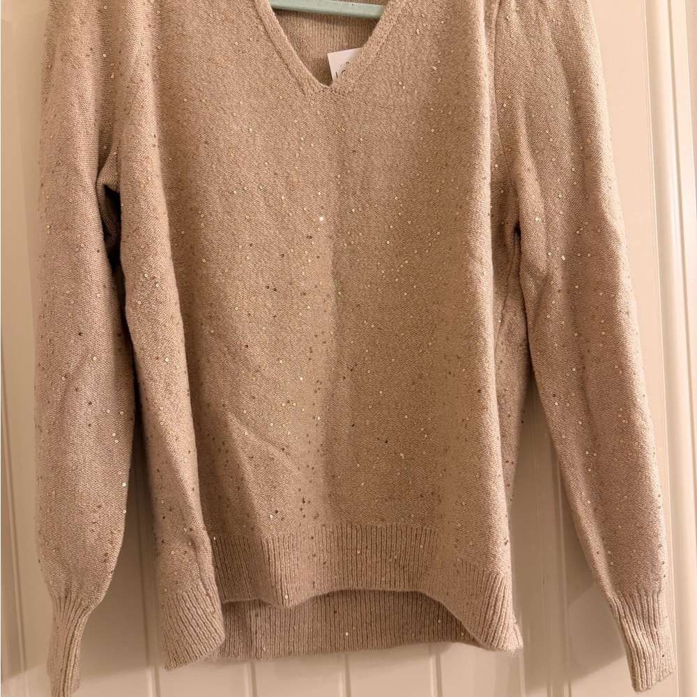 NWT LOFT Beige Sequin V-Neck Sweater - Size M - Sparkle Knit